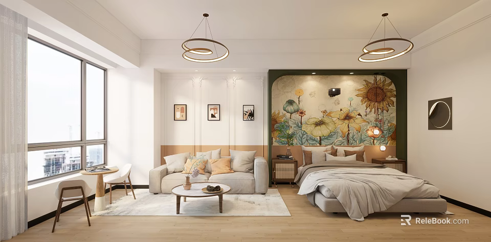 Modern Hotel Room Interior With Sunflower Mural Sofa Bed And Pendant Lights 3d model 
