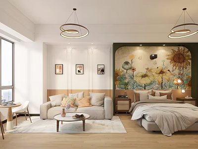 Modern Hotel Room Interior With Sunflower Mural Sofa Bed And Pendant Lights 3d model