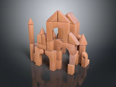 Wooden Building Blocks Constructed Castle With Tower Structures And Arch Designs 3d model