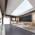 School Traditional Classroom Interior With Blackboard Wooden Desks Chairs Windows And Green Plants