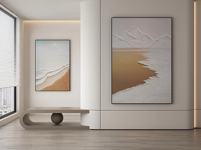 Abstract Paintings Of Ocean Waves And Mountain Range In Modern Interior With Wooden Floor 3d model