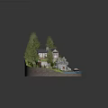 Wooden House With Pine Trees Waterfall River Small Boat and Pathway in Scenic Natural Setting