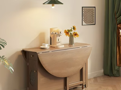 Foldable Wooden Dining Table with Sunflower Vase Coffee Machine and Green Pendant Light 3d model