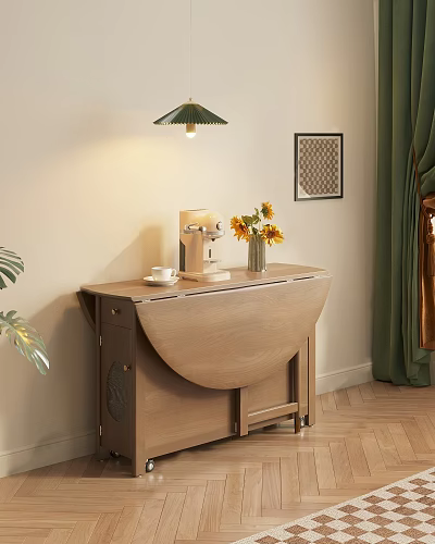 Foldable Wooden Dining Table with Sunflower Vase Coffee Machine and Green Pendant Light 3d model
