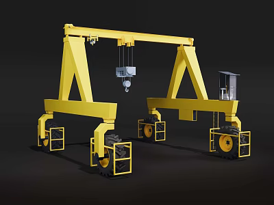 Yellow Mobile Gantry Crane Industrial Equipment With Lifting Hook Control Cabin And Wheels 3d model