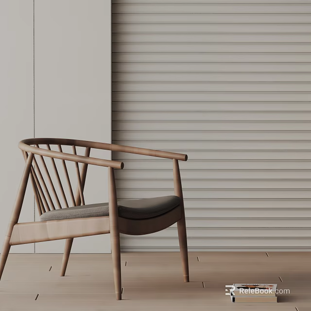 Wooden Frame Accent Chair With Gray Cushion Against Light Vertical Striped Wall And Wooden Floor 3d model 