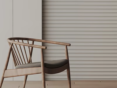Wooden Frame Accent Chair With Gray Cushion Against Light Vertical Striped Wall And Wooden Floor 3d model