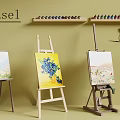 Easel And Art Supplies Display With Canvas Paint Bottles And Palette