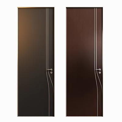 Modern Sleek Swing Door With Brown Wooden Panel And Metal Handle Lock 3d model