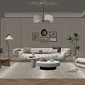 Luxurious Modern Living Room With Sofa Rug Chandelier Wall Art And Green Plant