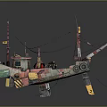 Colorful Vintage Fishing Boat Water Transport With Crane Ropes And Tires