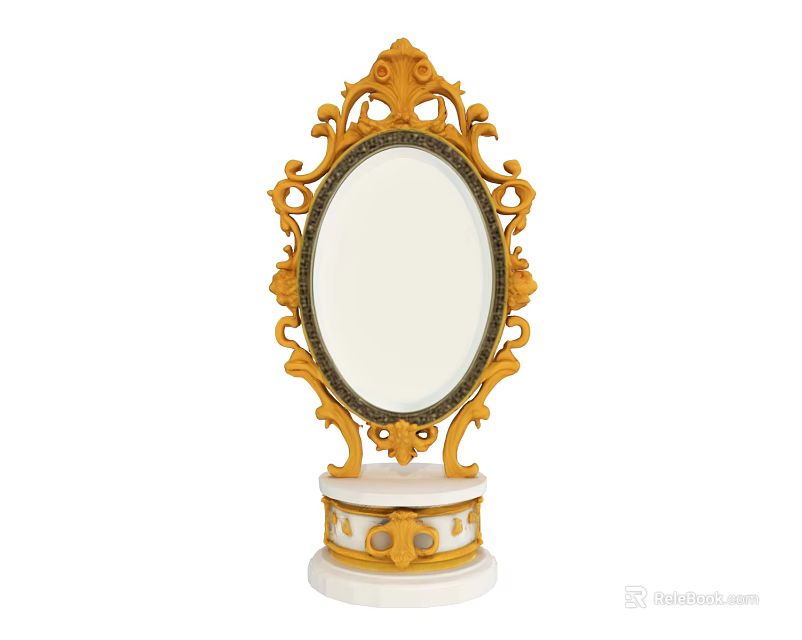 Classical Style Decorative Ornament Set With Golden Carved Frame Oval Mirror And White Base 3d model 