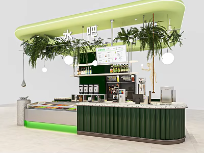 Green Decor Milk Tea Shop Featuring Hanging Plants Bar Counter And Menu Board 3d model