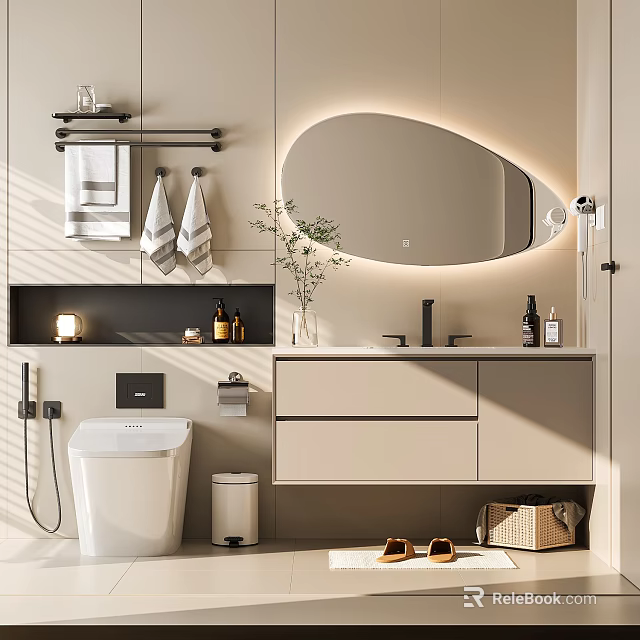 Modern Bathroom Vanity Cabinet With LED Mirror Towel Rack Sink And Storage Design 3d model 