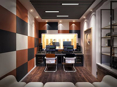 Professional Recording Studio With Colorful Paneled Walls Ceiling Lights Workstation Monitors Speakers And Chairs 3d model