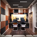 Professional Recording Studio With Colorful Paneled Walls Ceiling Lights Workstation Monitors Speakers And Chairs