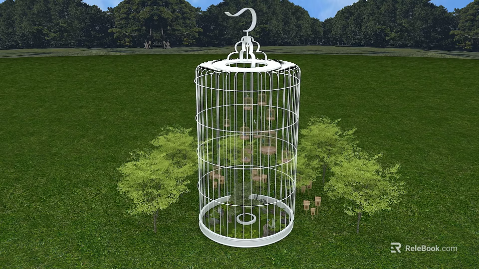 White Birdcage Art Installation Placed On Green Grass Field With Small Trees 3d model 