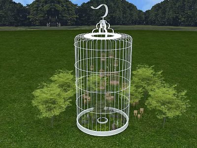 White Birdcage Art Installation Placed On Green Grass Field With Small Trees 3d model