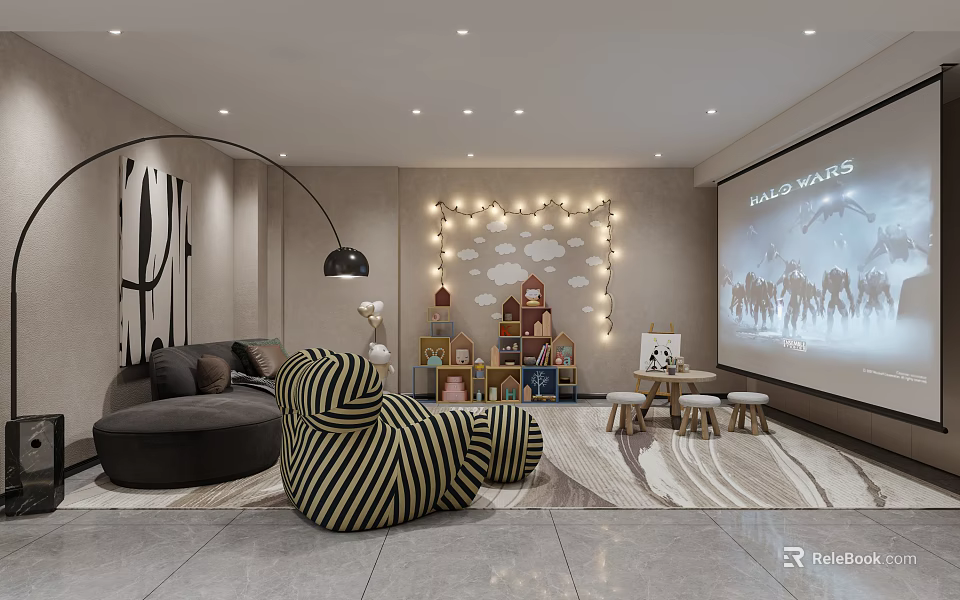 Cozy Home Theater Room With Projector Screen Sofa Striped Armchair String Lights And Children Toys 3d model 