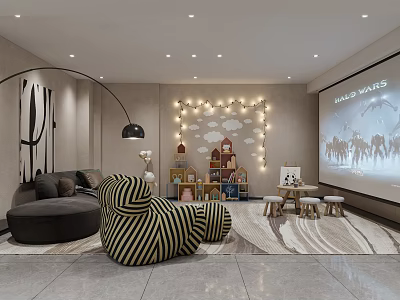 Cozy Home Theater Room With Projector Screen Sofa Striped Armchair String Lights And Children Toys 3d model