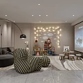 Cozy Home Theater Room With Projector Screen Sofa Striped Armchair String Lights And Children Toys