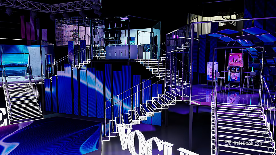 VOGUE Modern Exhibition Space With Illuminated Staircase And Blue Lighting Interior 3d model 