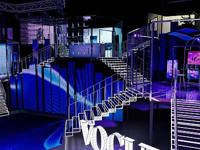 VOGUE Modern Exhibition Space With Illuminated Staircase And Blue Lighting Interior 3d model
