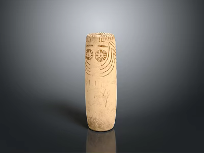 Cylindrical Carved Sculpture With Intricate Facial Features And Decorative Lines On Dark Background 3d model