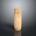 Cylindrical Carved Sculpture With Intricate Facial Features And Decorative Lines On Dark Background