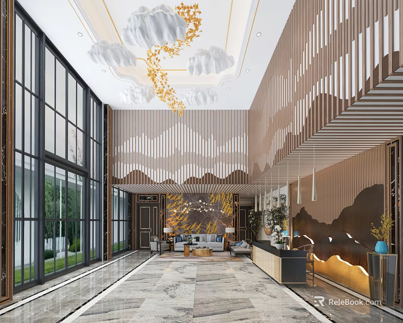 Hotel Lobby With Cloud Shaped Ceiling Decorations Wavy Wooden Walls Large Windows And Sofa Area 3d model 
