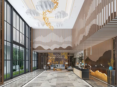 Hotel Lobby With Cloud Shaped Ceiling Decorations Wavy Wooden Walls Large Windows And Sofa Area 3d model