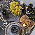 Modern Tableware Set Featuring Gray Plates Cups Utensils Fruits Wine Bottles Candles and Decorative Branches