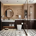 Modern Bathroom Interior Design With Round Mirror Brown Tiles And Black White Patterned Floor