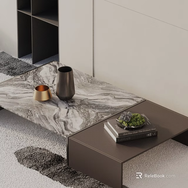Modern Sofa Coffee Table Set With Marble Top Vases Books And Small Plant 3d model 