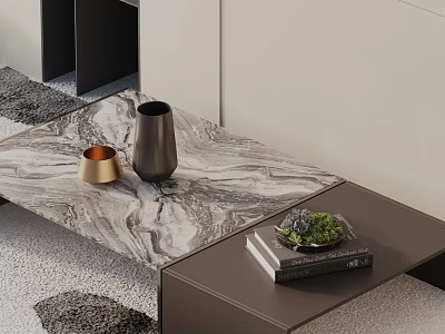 Modern Sofa Coffee Table Set With Marble Top Vases Books And Small Plant 3d model