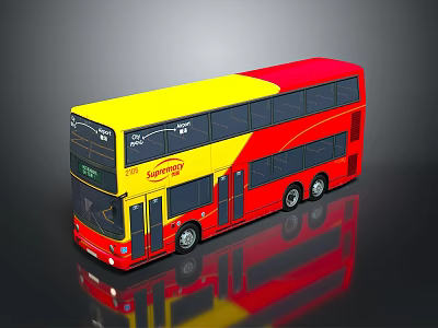 Red and Yellow Double Decker Sunny Bus with Shiny Exterior and Reflection 3d model