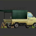 Scenic Components with Yellow Truck Green Awning Wooden Frame Small Table Plants and Ladder