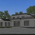 Modern Two Story White House With Black Roof Surrounded By Trees And People In Front