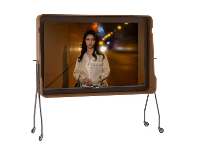 Sleek Modern Television Screen With Metal Stand Displaying Night Scene Person 3d model