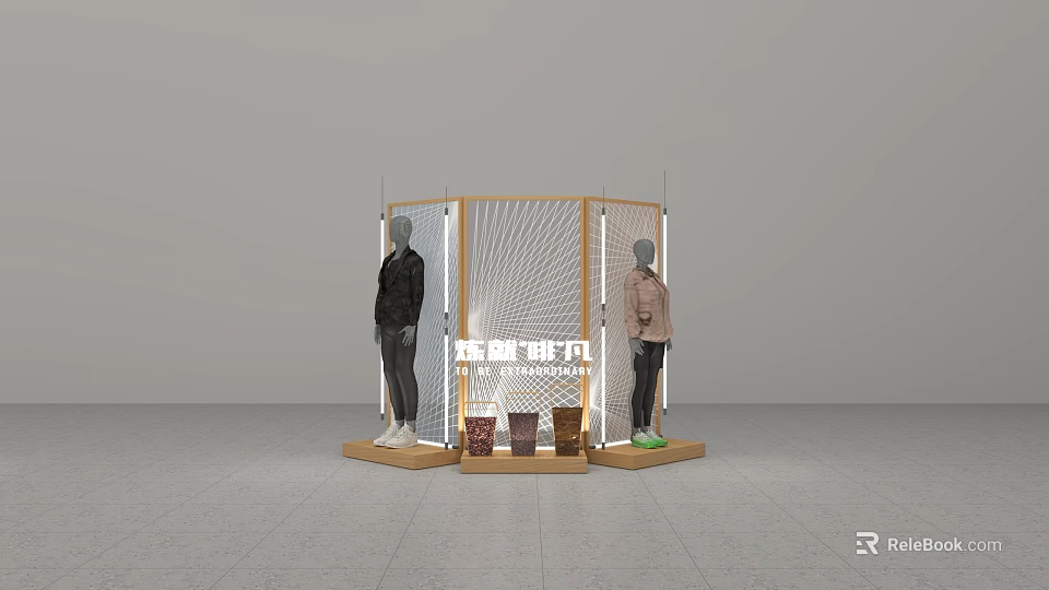 Modern Mall Clothing Store Display With Mannequins Accessories And Wooden Shelves 3d model 