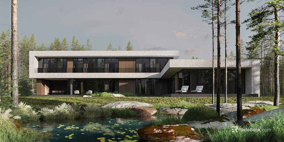 Modern Detached Villa Exterior Design Featuring Glass Facade Surrounded By Greenery Pond And Outdoor Chairs 3d model 