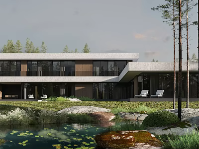 Modern Detached Villa Exterior Design Featuring Glass Facade Surrounded By Greenery Pond And Outdoor Chairs 3d model