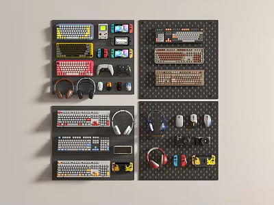 Colorful Computer Peripherals Collection With Keyboards Mice Headphones On Display Boards 3d model