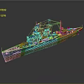 3D Model of Vintage Warship with Blue Hull and Orange Bottom Turrets and Masts