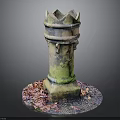Vintage Ornamental Tower Structure With Rusted Surface Green Moss And Colorful Gravel Base