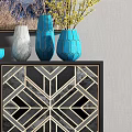 Elegant Modern Console Cabinet With Geometric Pattern And Decorative Vases On Marble Wall Background 3d model