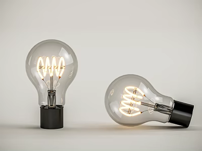Vintage Glass Light Bulbs With Spiral Filaments Upright And Tilted Black Bases 3d model