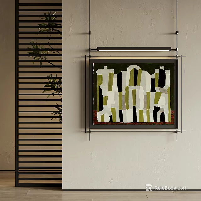 Framed Abstract Painting With Green White Black Geometric Shapes On Indoor Wall 3d model 