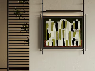 Framed Abstract Painting With Green White Black Geometric Shapes On Indoor Wall 3d model
