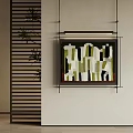 Framed Abstract Painting With Green White Black Geometric Shapes On Indoor Wall